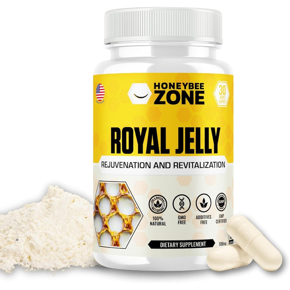 HoneybeeZone Royal Jelly 500mg 60 veggie capsules front bottle view for daily energy booster
