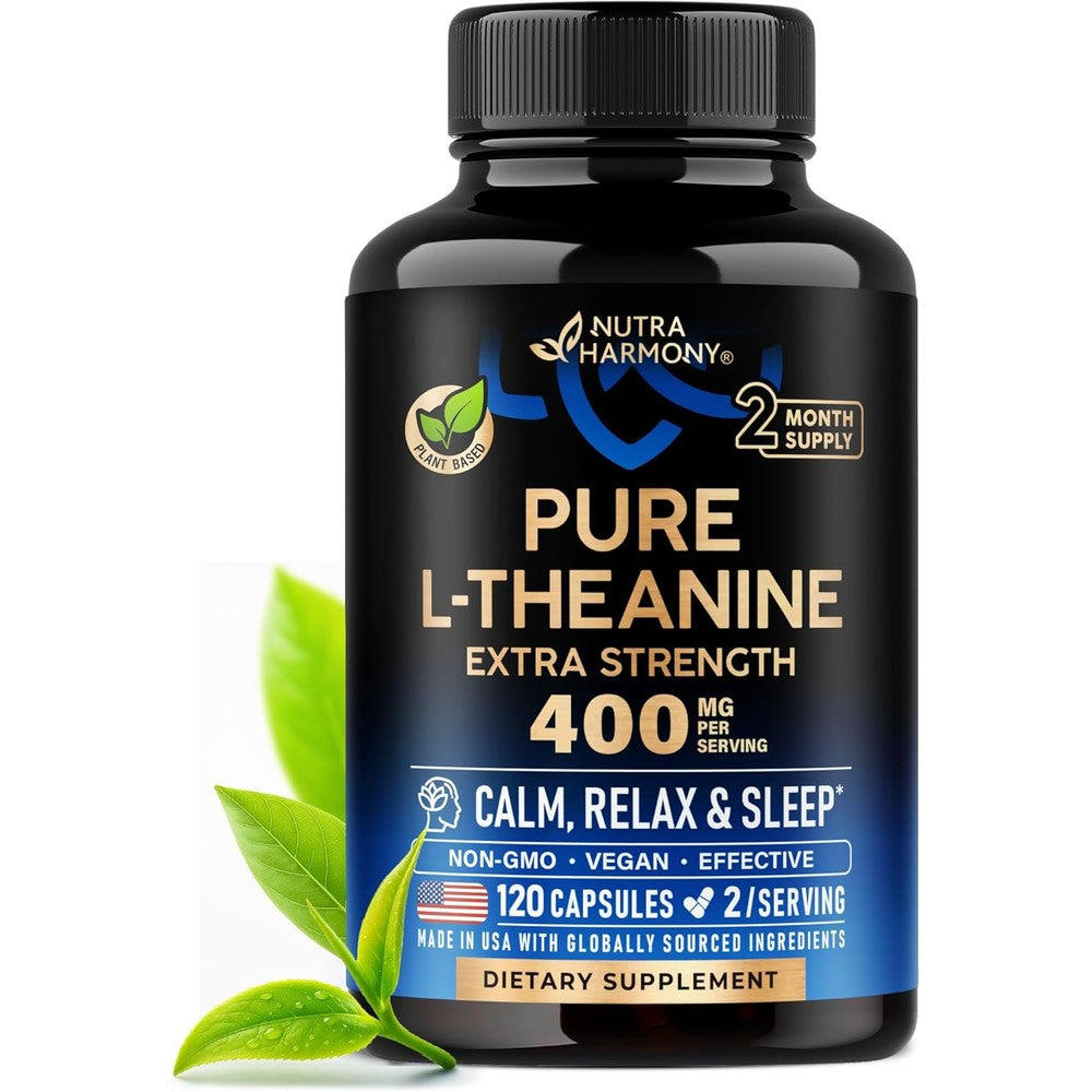 Nutraharmony L Theanine 400mg 120 vegan capsules front view bottle showing stress relief supplement label.