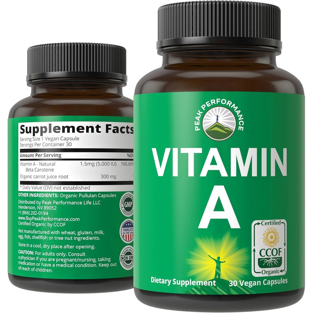 Peak Performance Organic Vitamin A 5000 IU supplement bottle front view