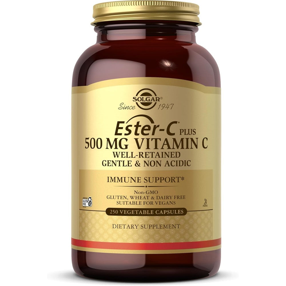 Solgar Ester C Plus 500mg Vitamin C 250 capsules front view amber glass bottle