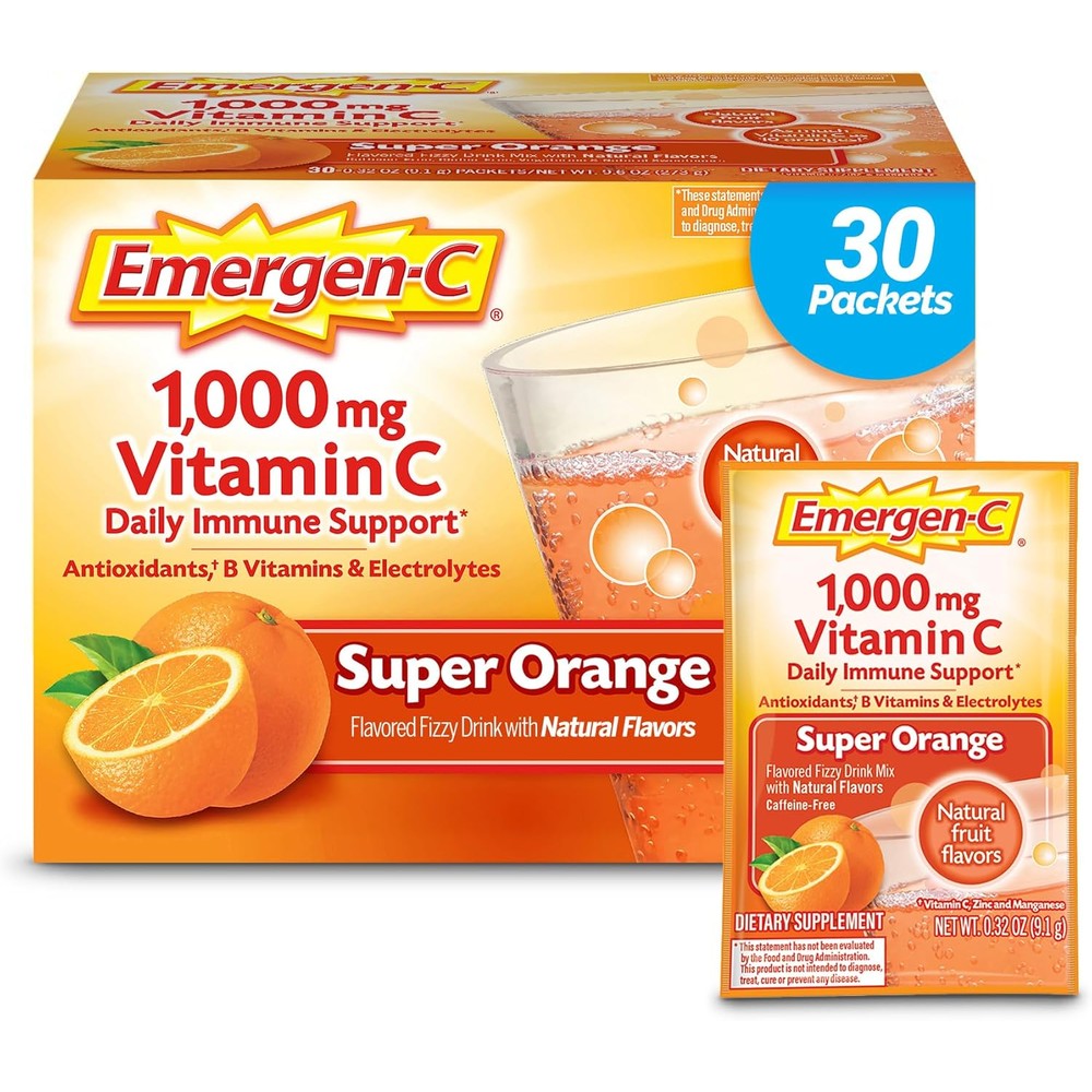 Emergen-C Vitamin C one thousand milligram powder packaging front view showing daily immune support benefits