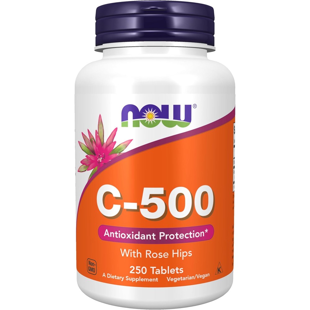NOW Foods Vitamin C 500 Milligrams with Rose Hips 250 Tablets front view bottle