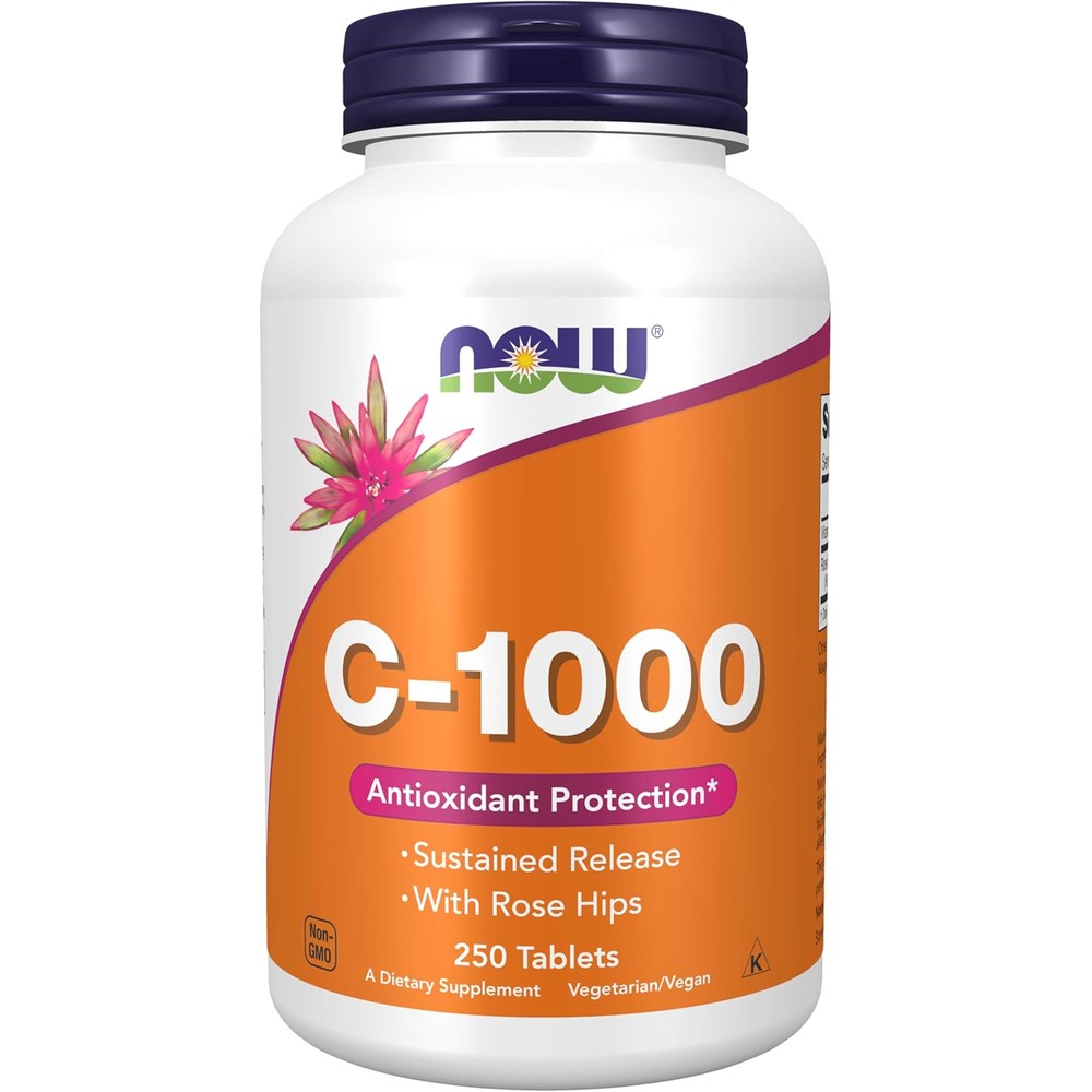 NOW Foods Vitamin C 1000 mg Sustained Release front bottle view showing 250 vegetarian tablets
