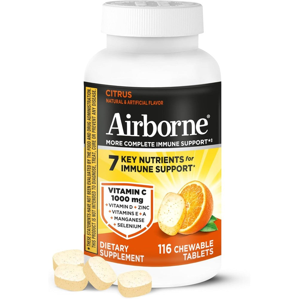 Airborne Vitamin C 1000mg Citrus Chewable Immune Support bottle front view