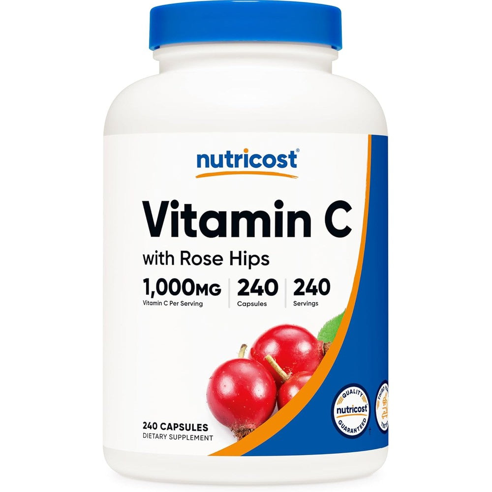 Nutricost Vitamin C 1000mg with Rose Hips 240 capsules front bottle view for daily immune health