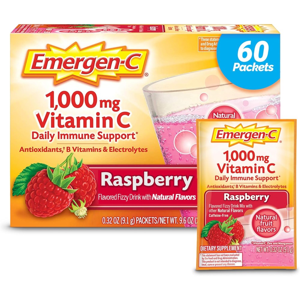 Emergen-C 1000mg Vitamin C Powder Raspberry 60 Packets front view box packaging