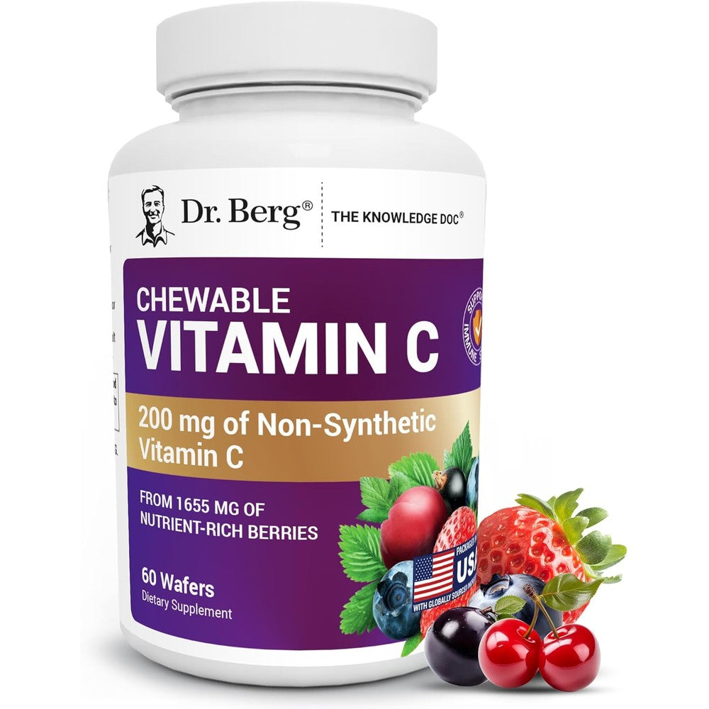 Dr. Berg Chewable Vitamin C Complex front view bottle of immune support wafers.