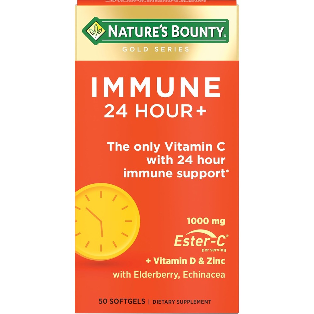Nature's Bounty Gold Series Immune 24 Hour Plus front view bottle showing 50 rapid release softgels.
