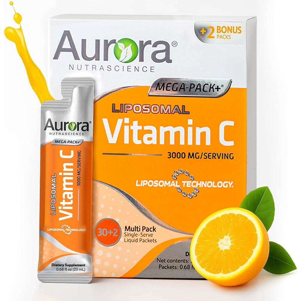 Vida Lifescience Aurora Nutrascience Mega Liposomal Vitamin C front packaging showcasing the 3000 mg dose liquid packets.