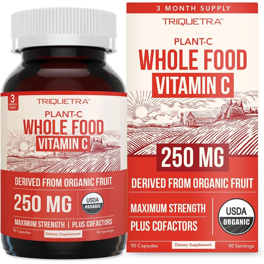 Triquetra Health Organic Vitamin C front view of bottle showcasing whole food vegan capsules.
