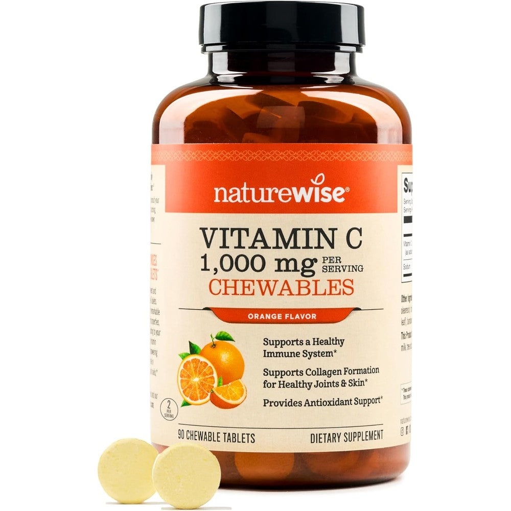 NatureWise Vitamin C Chewable 1000mg bottle front view highlighting immune support benefits.