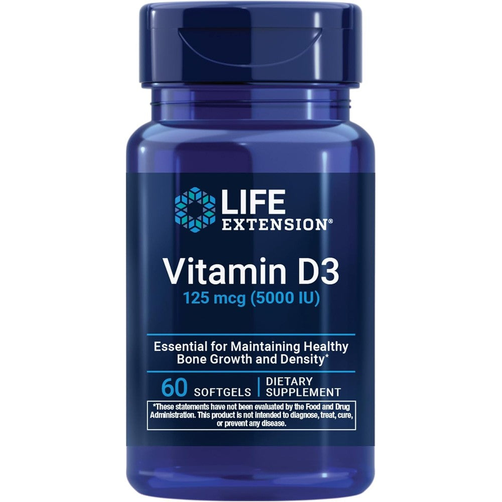 Life Extension Vitamin D3 5000 IU 60 liquid softgels front bottle view