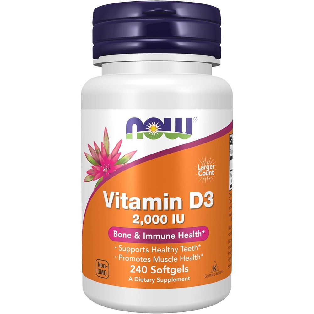 NOW Foods Vitamin D3 2000 IU 240 softgels front bottle view for authentic immune support.