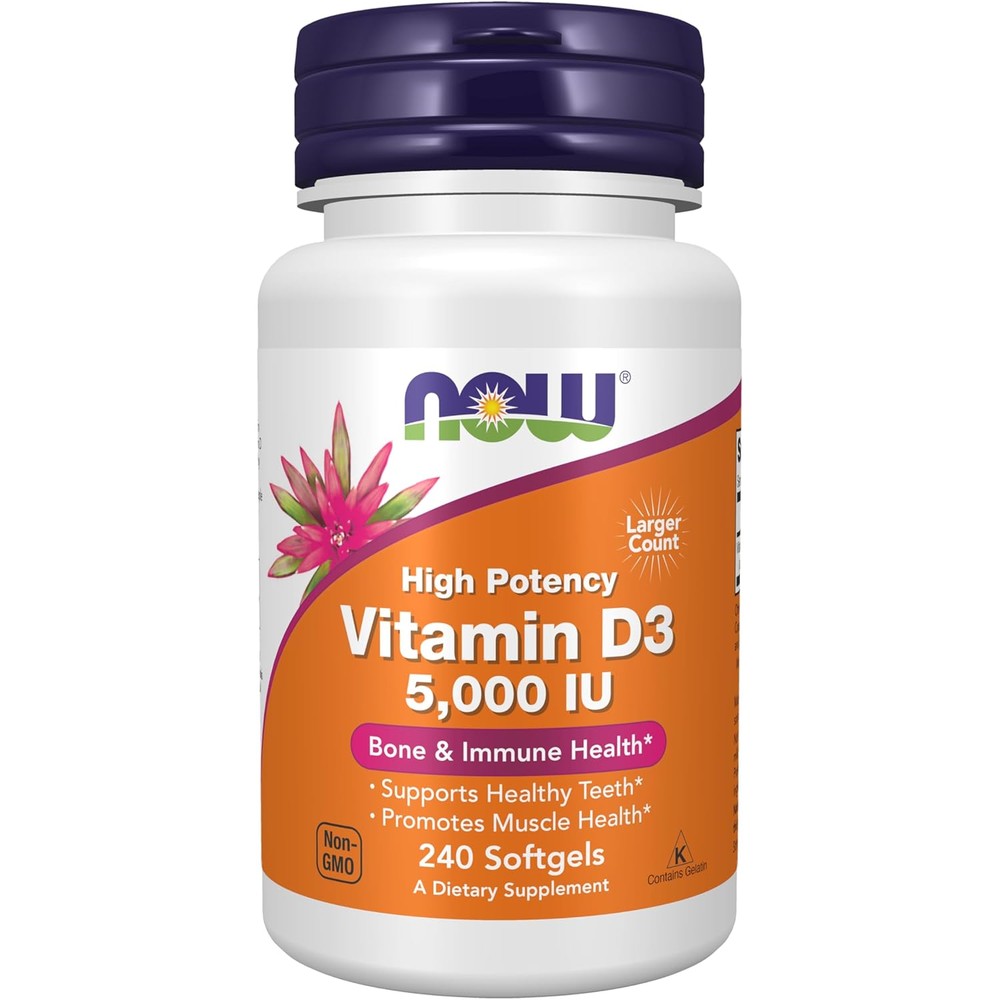 NOW Foods Vitamin D3 5000 IU front bottle label view