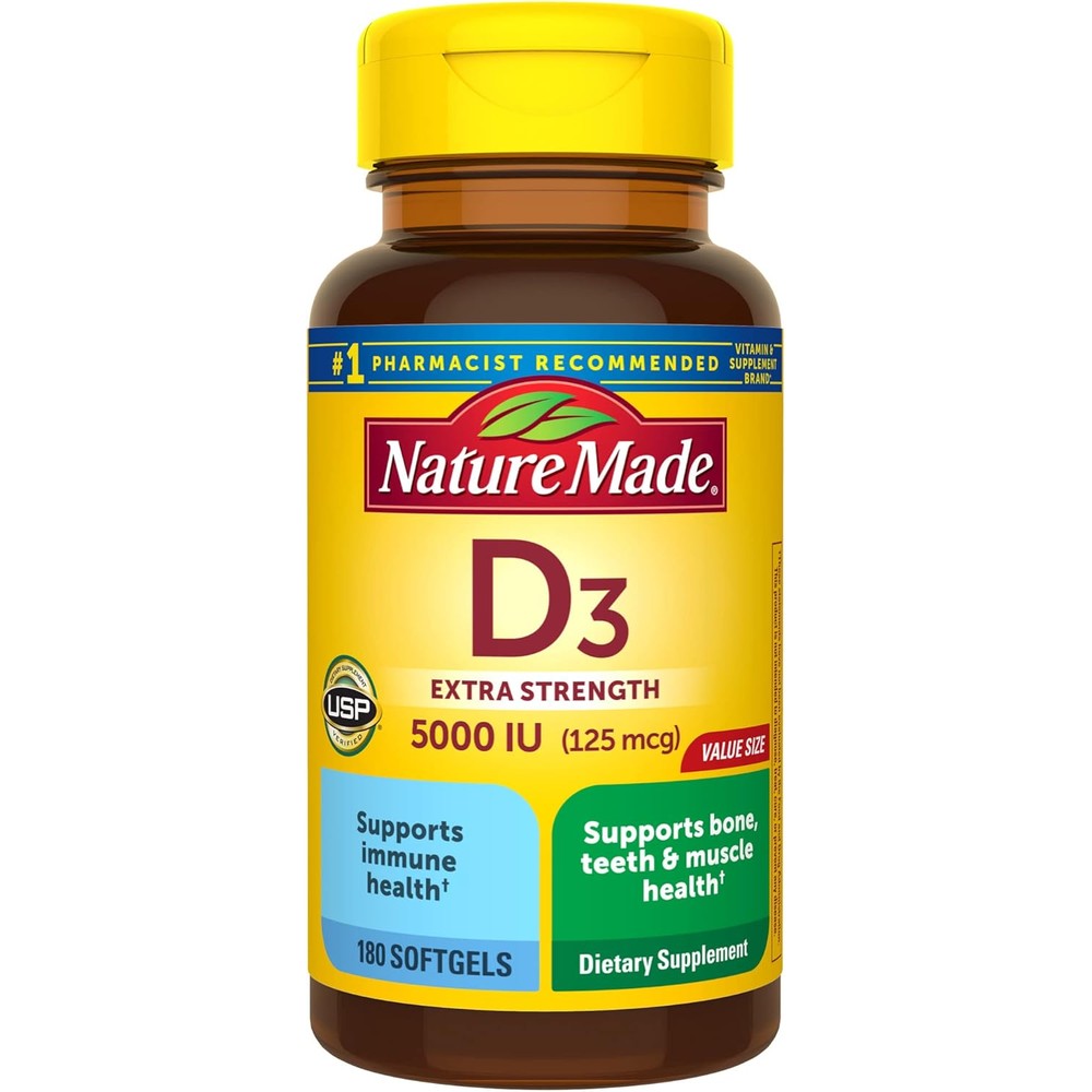 Nature Made Extra Strength Vitamin D3 5000 IU 180 softgels front bottle view