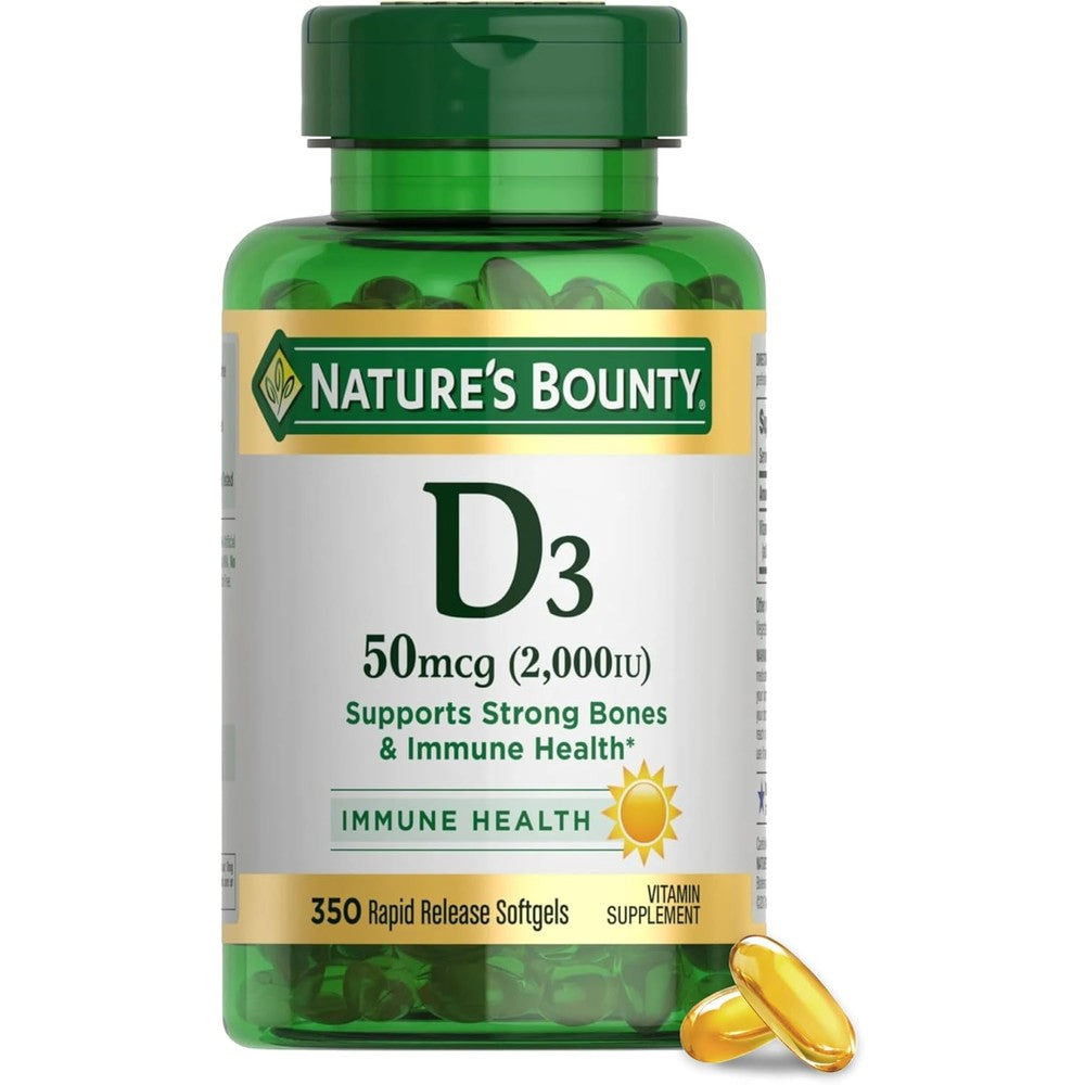 Nature's Bounty Vitamin D3 2000 IU 350 softgels front bottle view for daily immune health support