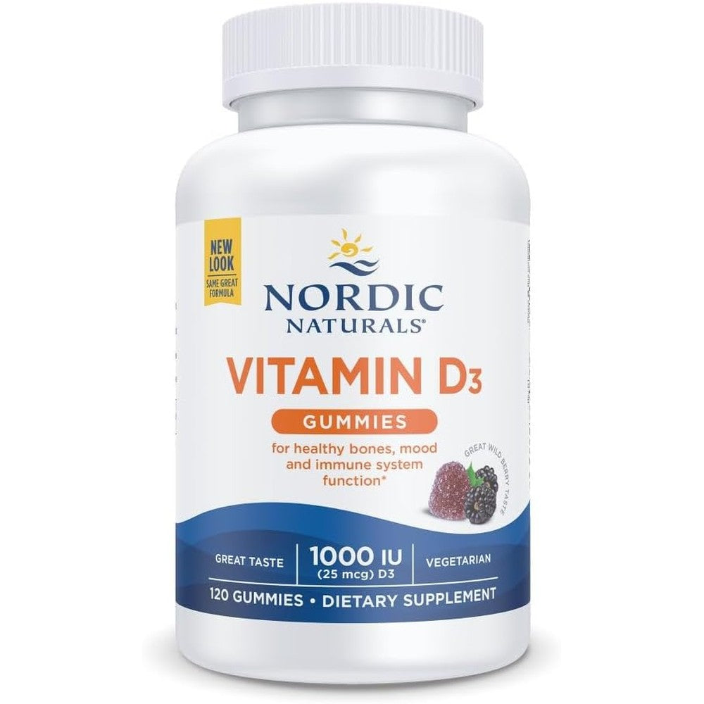 Nordic Naturals Vitamin D3 Gummies Wild Berry 120 Count front view bottle showing premium vegetarian cholecalciferol supplement