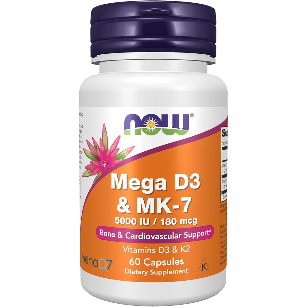 NOW Foods Mega D3 And MK7 60 Vegetarian Capsules front bottle view