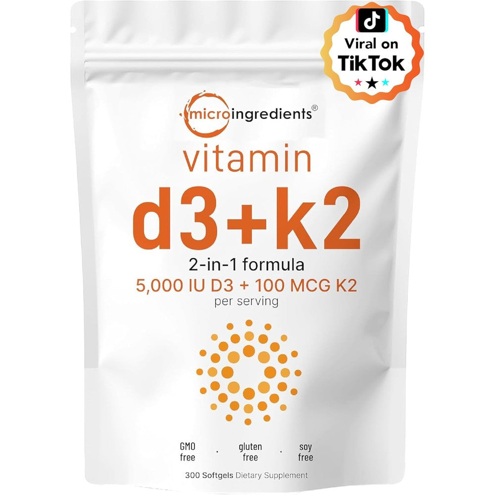 Micro Ingredients Vitamin D3 5000 IU + K2 MK7 300 softgels front view pouch packaging