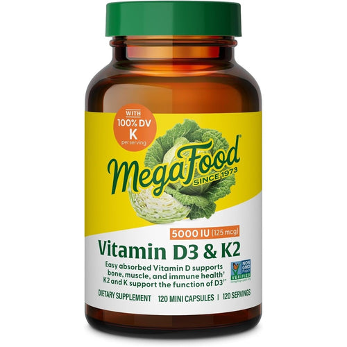 MegaFood Vitamin D3 5000 IU with K2 120 mini capsules bottle front view