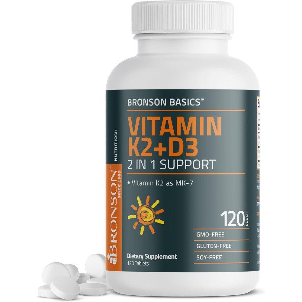 Bronson Basics Vitamin D3 5000 IU and K2 MK7 unflavored 120 tablets front view bottle for bone health support