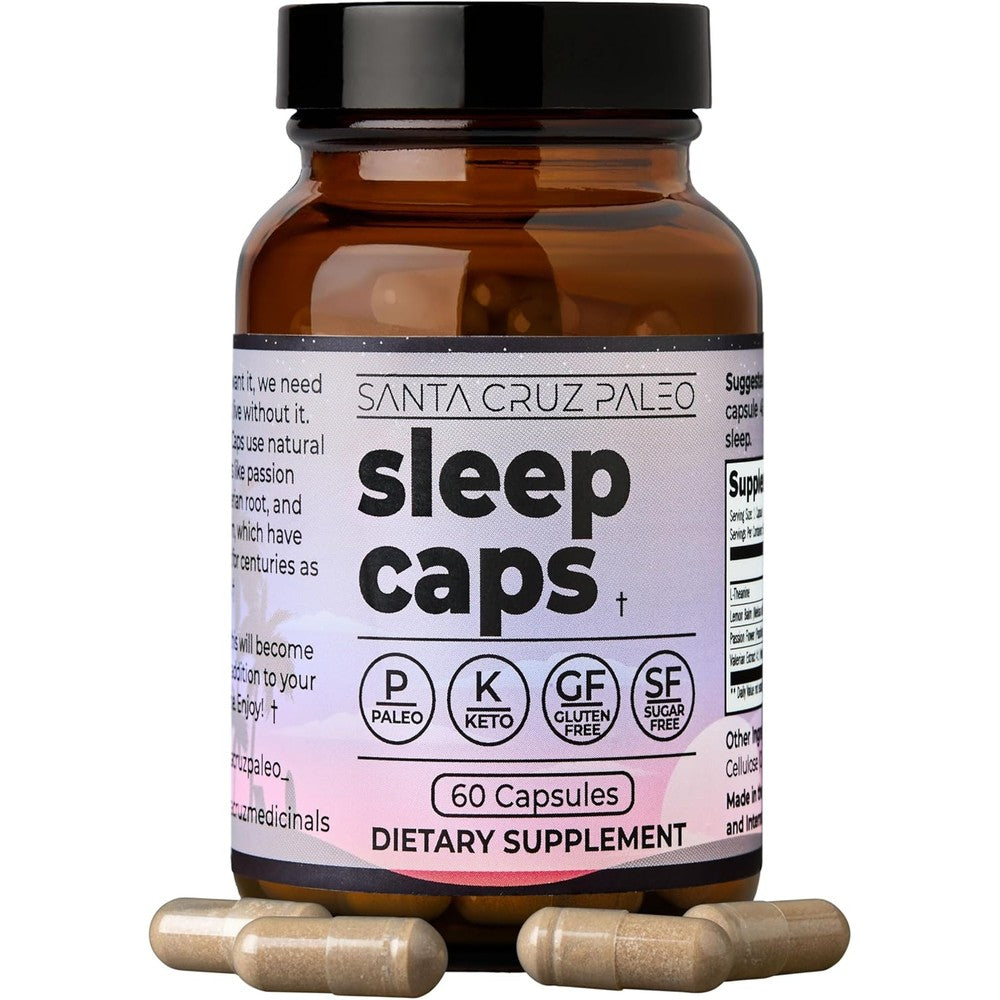 Santa Cruz Paleo Sleep Caps 60 capsules front view of premium melatonin free sleep supplement bottle