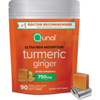 Qunol Turmeric and Ginger Soft Chews 750mg front packaging view showing 90 count bottle.