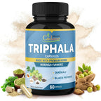 Jiva Botanicals Organic Cadane Triphala Extract front view bottle showing sixty capsules dietary supplement.
