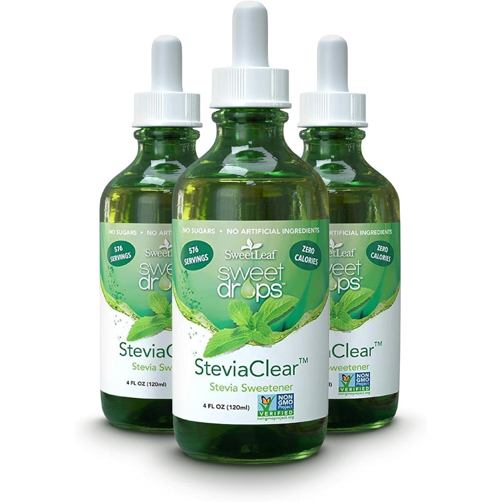 SweetLeaf SteviaClear Liquid Stevia Sweetener Drops Pack of Three front view showcasing the dropper bottles.