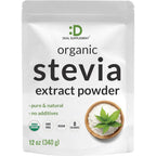 Deal Supplement Organic Stevia Extract Powder 12 Ounce front packaging view showcasing organic sugar substitute certification labels.