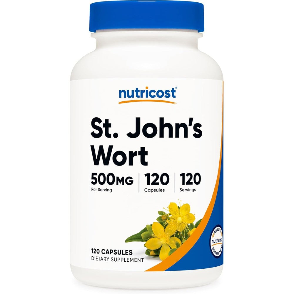 Nutricost St Johns Wort 500mg 120 vegetarian capsules front view showing authentic product label