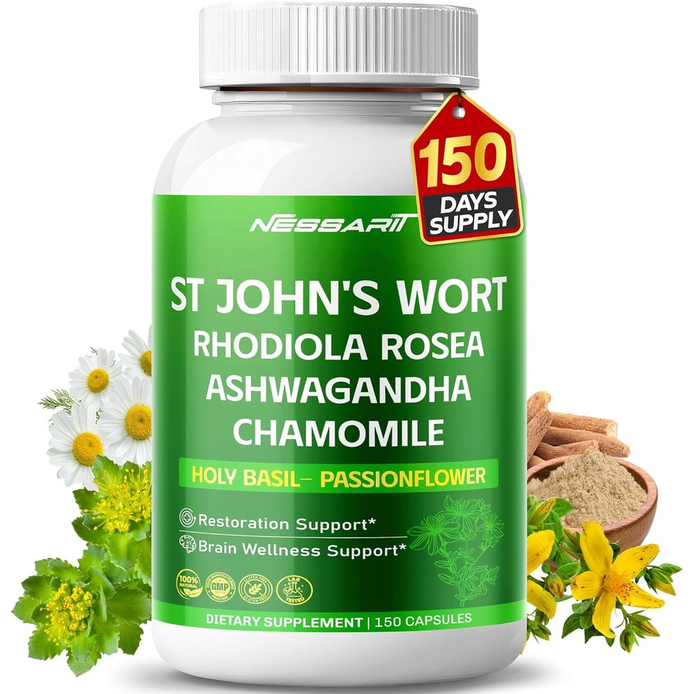NESSARIT St. John's Wort 14-in-1 Natural Blend 150 vegetarian capsules front bottle view for stress relief