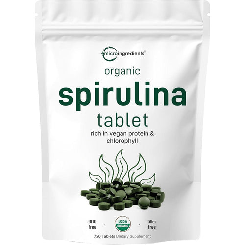 Micro Ingredients Organic Spirulina Supplement front view of 720 tablets bottle packaging