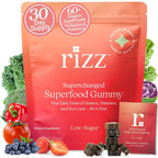 Rizz Low Sugar Prebiotic and Probiotic Superfood Multivitamin 240 Gummies front packaging showcasing the 30 day supply overview.