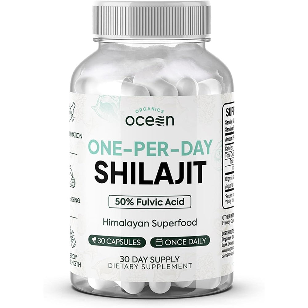 Organics Ocean One Per Day Shilajit front view of the clear plastic bottle containing thirty vegetarian capsules.