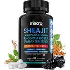 Macro Vital 8 in 1 Shilajit Ashwagandha 60 vegan capsules front view bottle packaging for daily natural energy.