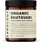 Erbology Organic Shatavari Powder front view of amber glass jar for women wellness.