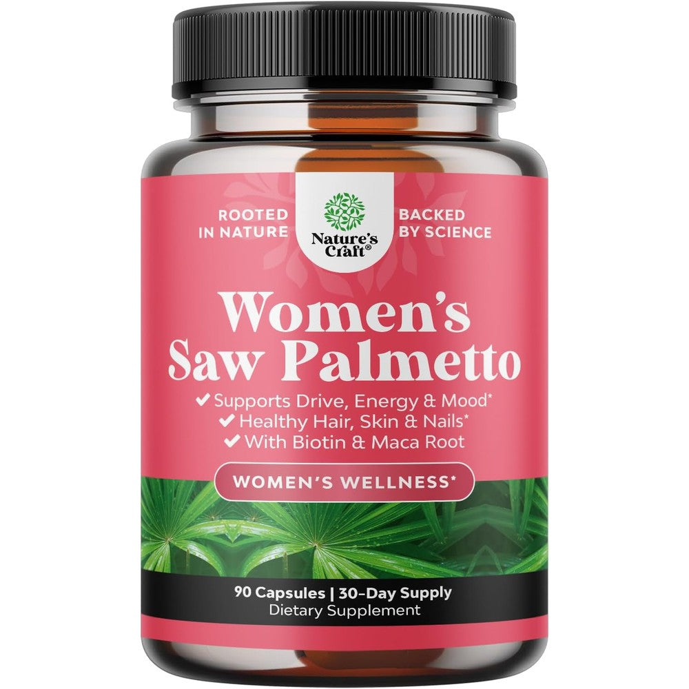 Nature's Craft Women's Saw Palmetto 90 Capsules front view bottle showing DHT blocker hair vitamins labeling.