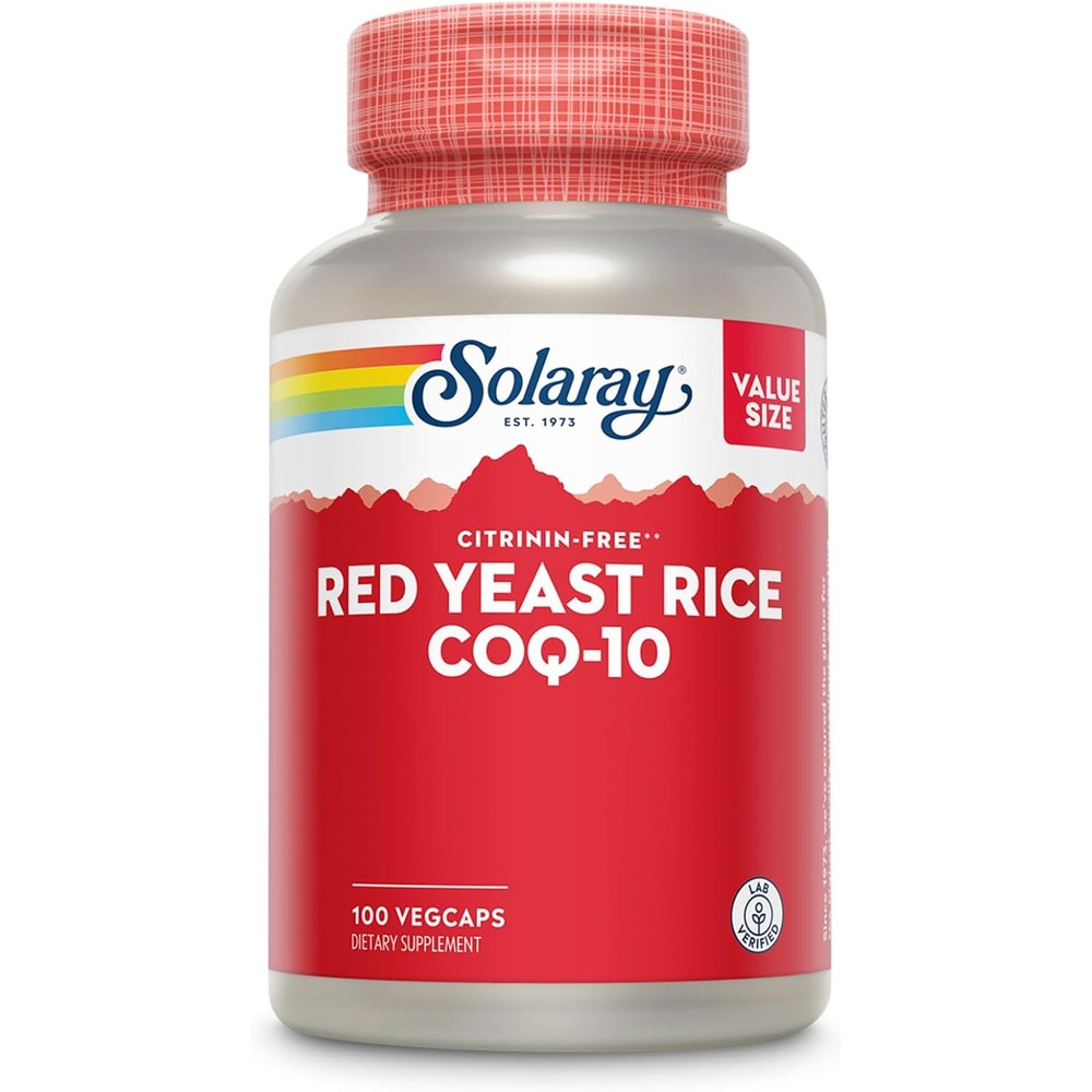 Solaray Red Yeast Rice Plus CoQ10 front view bottle for cardiovascular health