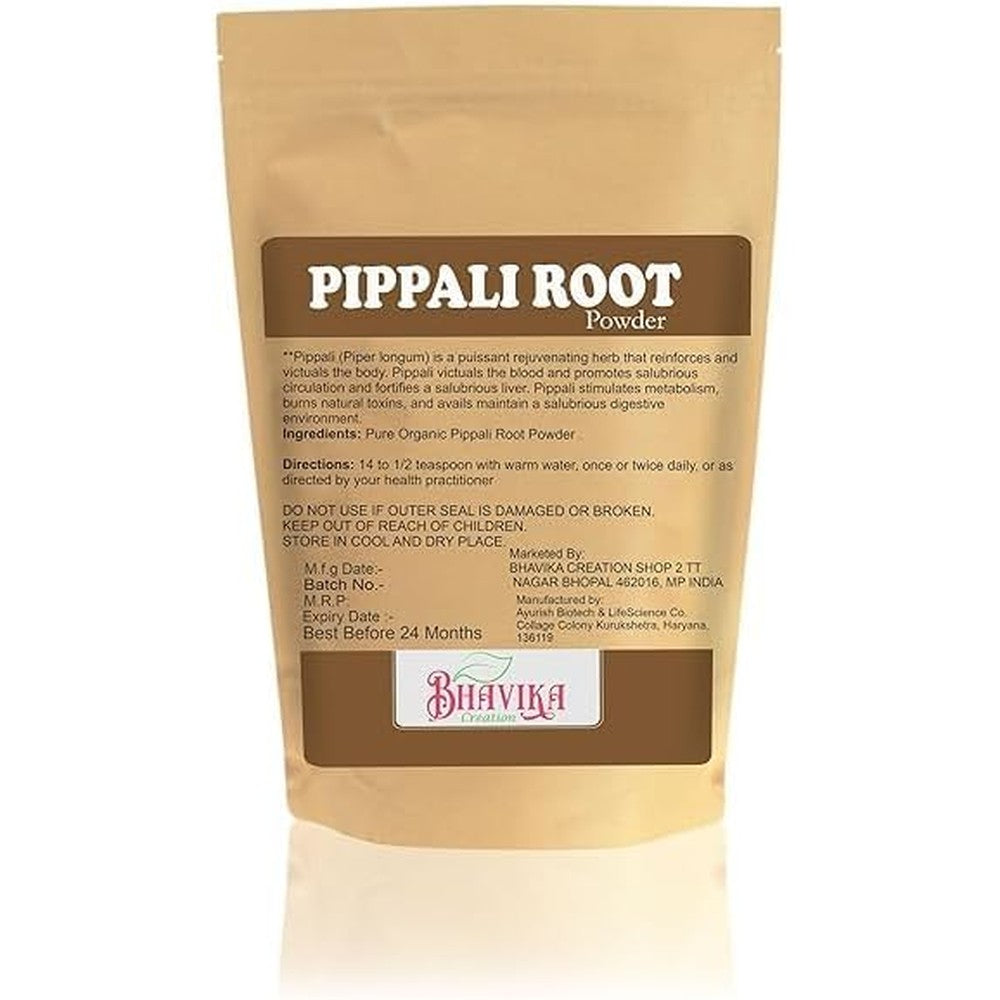 Bhavika Creation Organic Pippali Root Powder front view pouch packaging for Ayurvedic digestive health