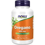 Now Foods Oregano 450mg 100 Vegetarian Capsules front bottle layout showing free radical scavenger benefits