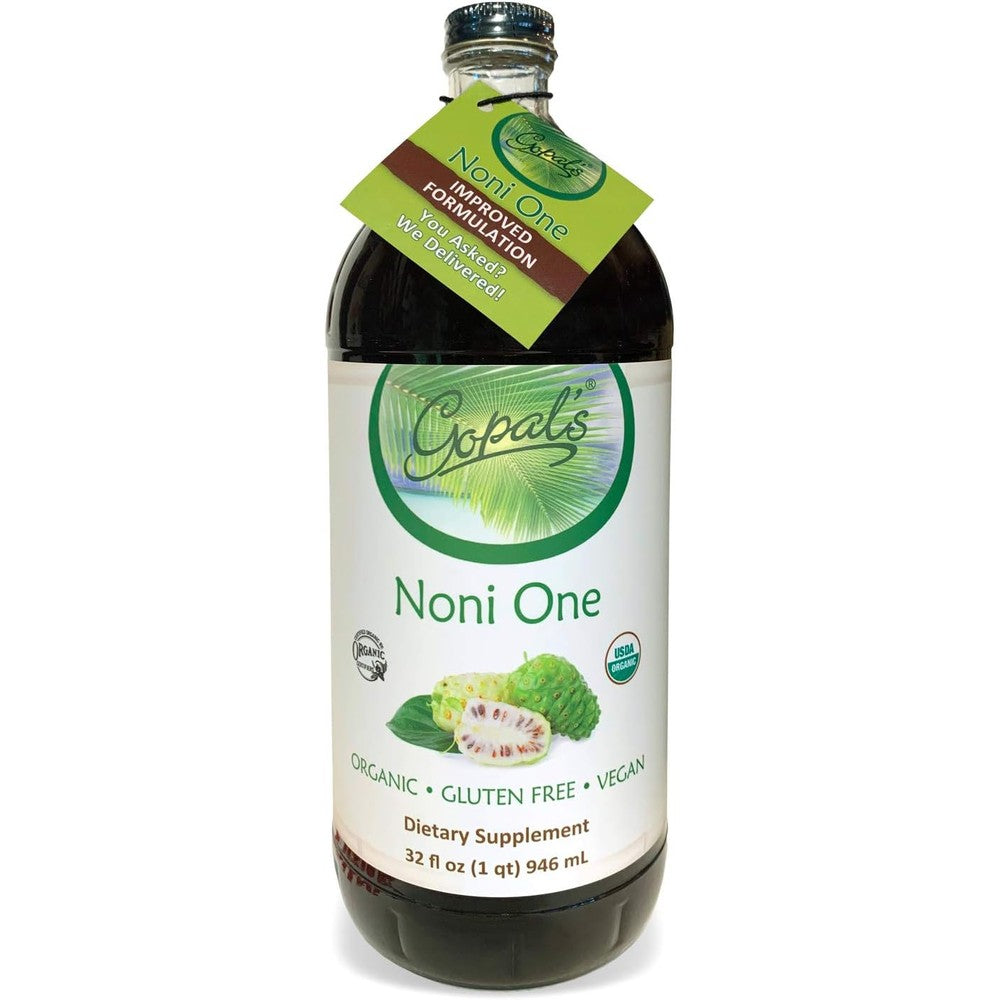 Gopals Healthfoods Noni One organic superfruit supplement front view glass bottle