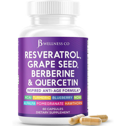 JB Wellness Co Resveratrol Berberine and Grape Seed Extract 60 capsules front view of the premium antioxidant supplement bottle.