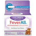 FeverAll Children's 120 mg Acetaminophen Suppositories front packaging view for fever relief.