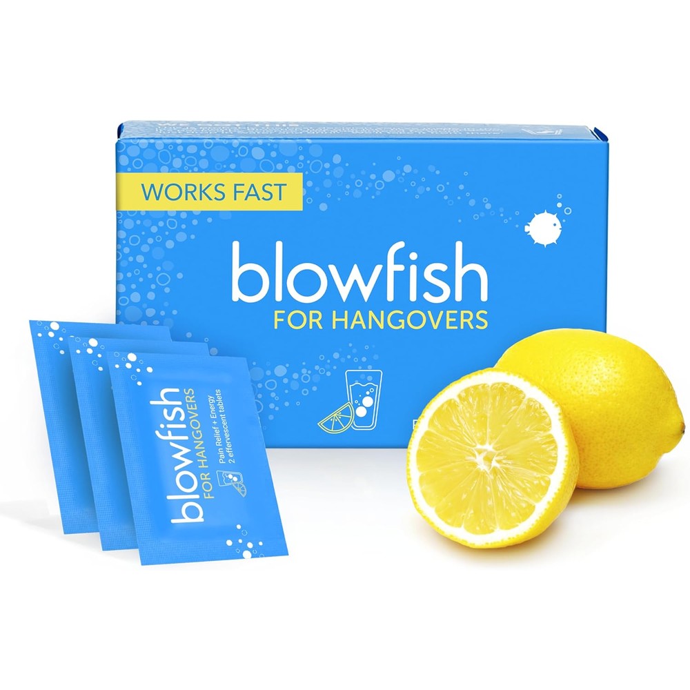 Blowfish for Hangovers single box front view for fast hangover relief.