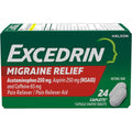 Excedrin Migraine Relief 24 Count bottle front view for fast acting pain relief.