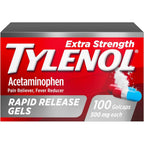 Tylenol Extra Strength Rapid Release Gels front packaging for fast pain relief.