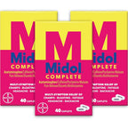 Midol Complete Menstrual Pain Relief Caplets 40 count pack of 3 front view showing packaging.