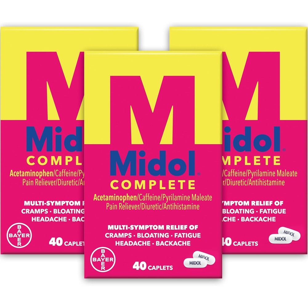 Midol Complete Menstrual Pain Relief Caplets 40 count pack of 3 front view showing packaging.