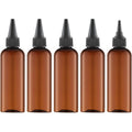 Tekson hair color applicator bottles five pack front view showcasing amber plastic body and black twist top caps.